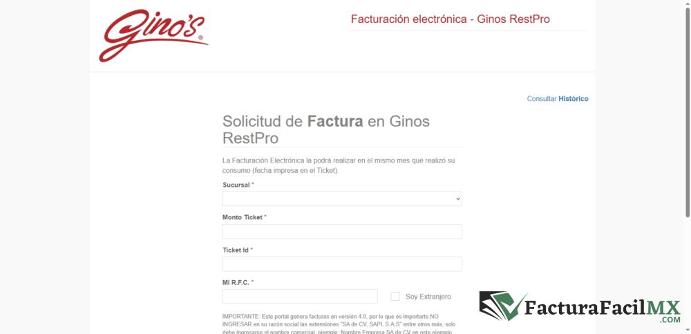 Facturación Gino’s en Línea de Tickets 6 Facturación Gino’s en Línea de Tickets