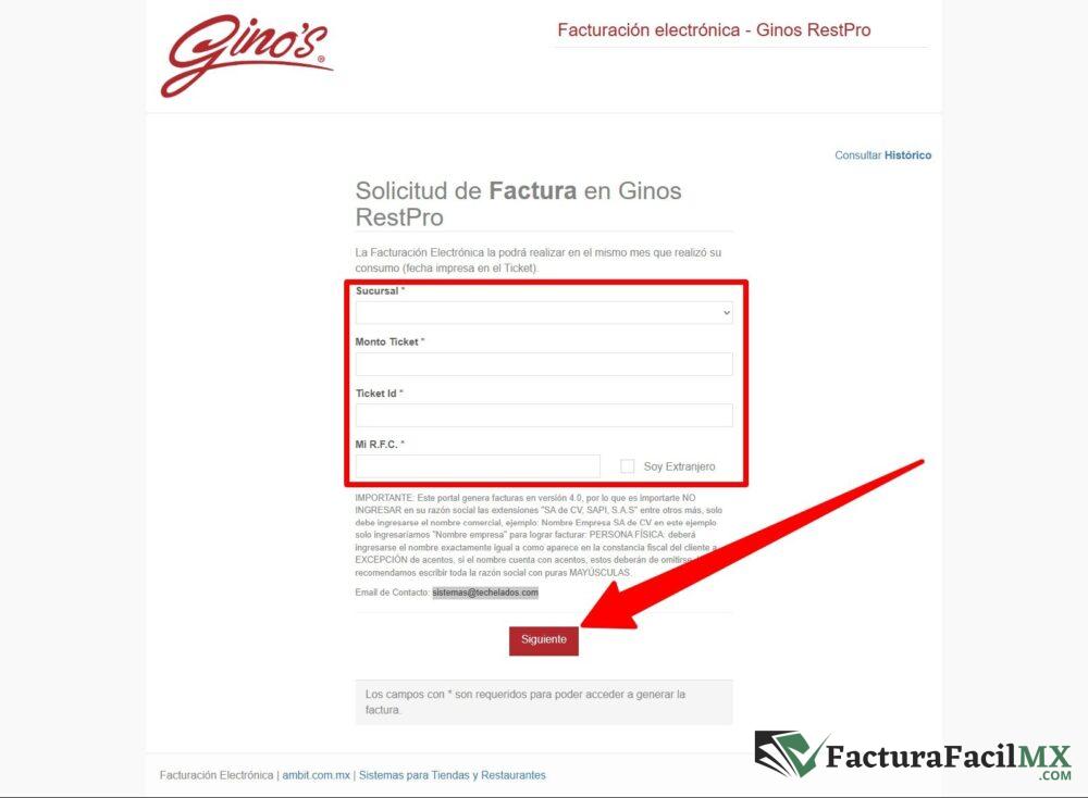 Facturación Gino’s en Línea de Tickets 7 Facturación Gino’s en Línea de Tickets