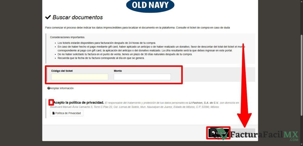 Facturación Old Navy en Línea de Tickets 8 Facturación Old Navy en Línea de Tickets